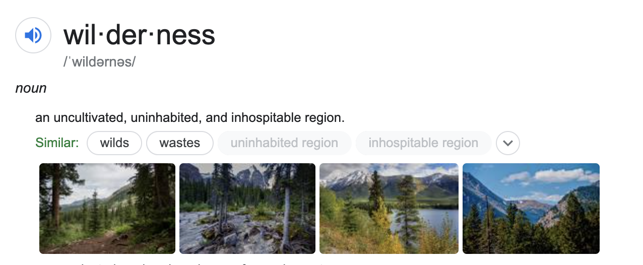 A dictionary entry for the word wilderness, defined as an uncultivated, uninhabited and inhospitable region.