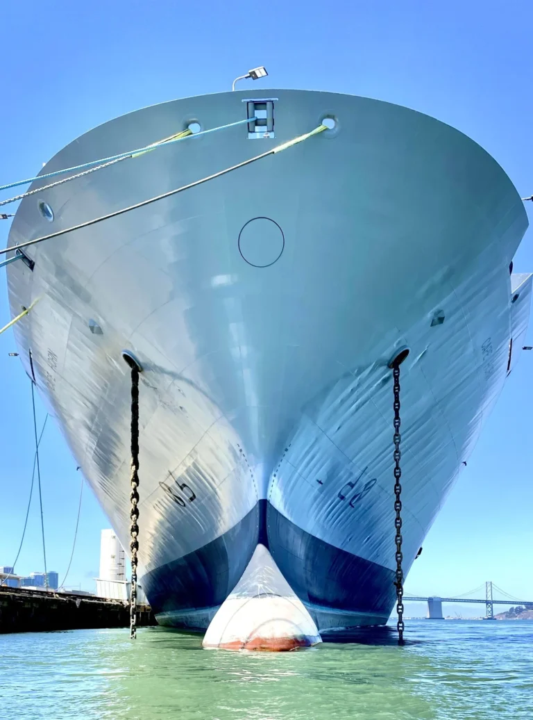 The bow of a large white ship seen from the water.