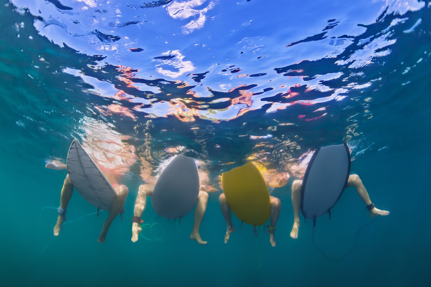 Underwater view looking up at four children sitting on boards with their legs dangling in the water.