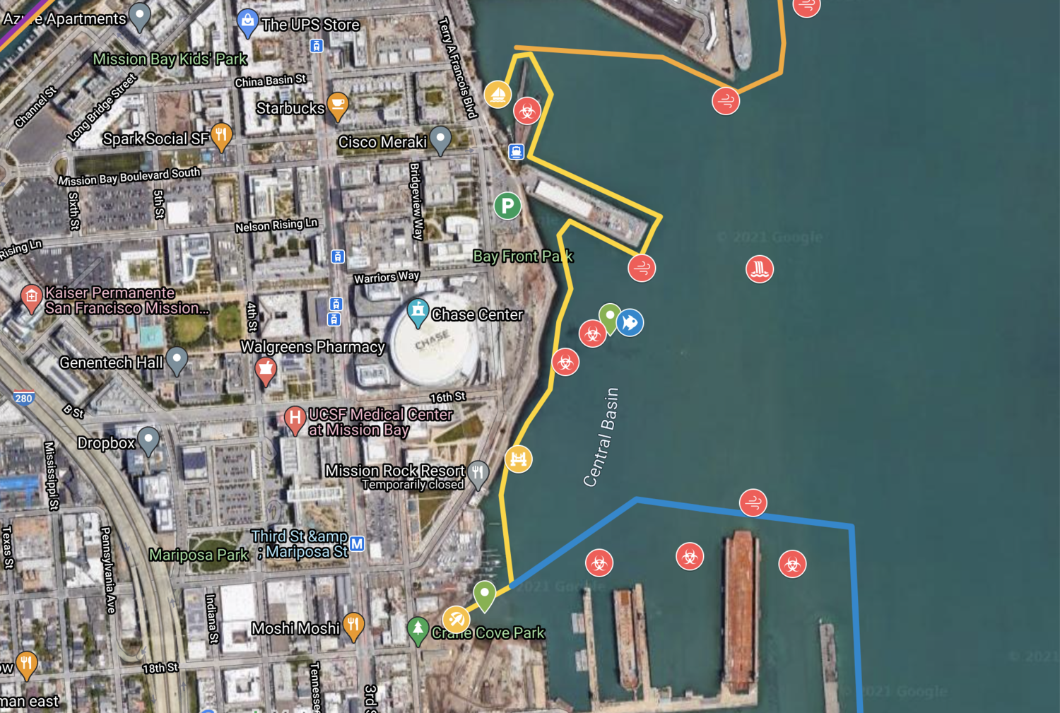 A satellite map of the Dogpatch shoreline with paddling routes drawn in and waypoints marked.