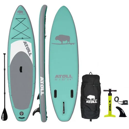 Product shot of an aquamarine inflatable board shown flat and rolled, with its paddle, backpack, pump and fins.