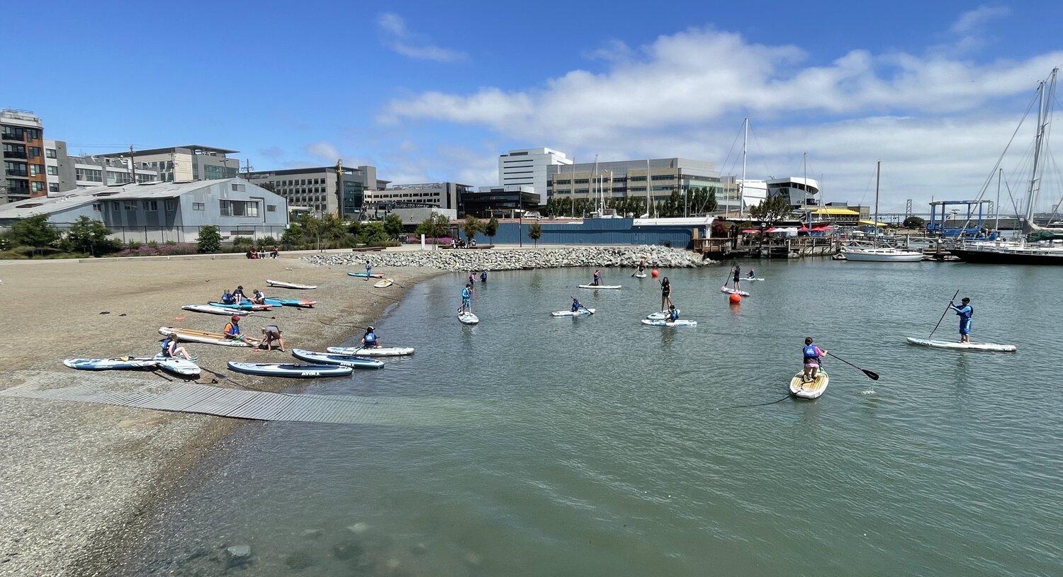 Kayaks drawn up on the sand at Crane Cove with paddlers out on the water beyond.