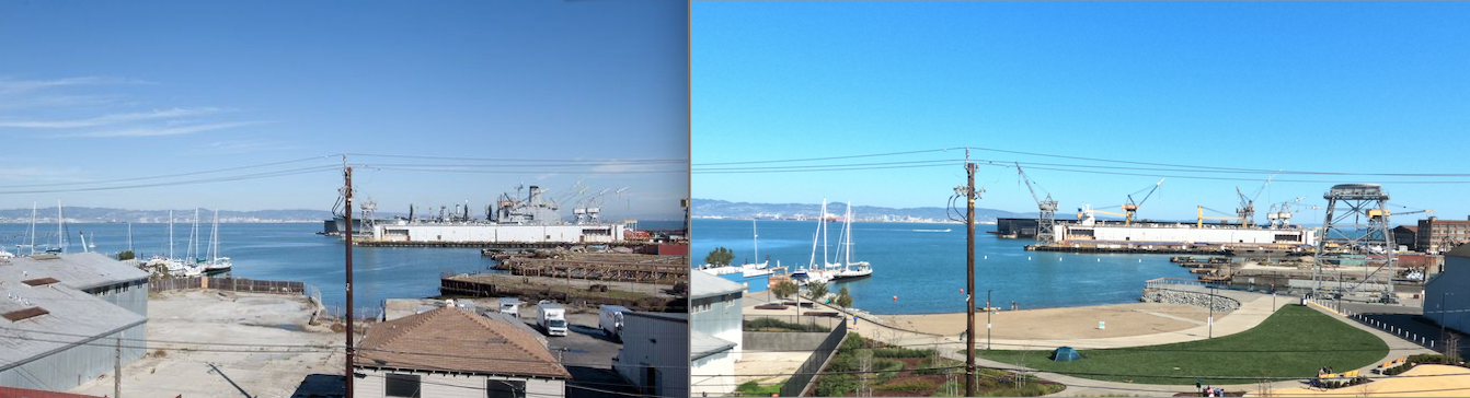 The same view over the cove before and after the park was built: a fenced industrial yard on the left, lawn and a paved path on the right.