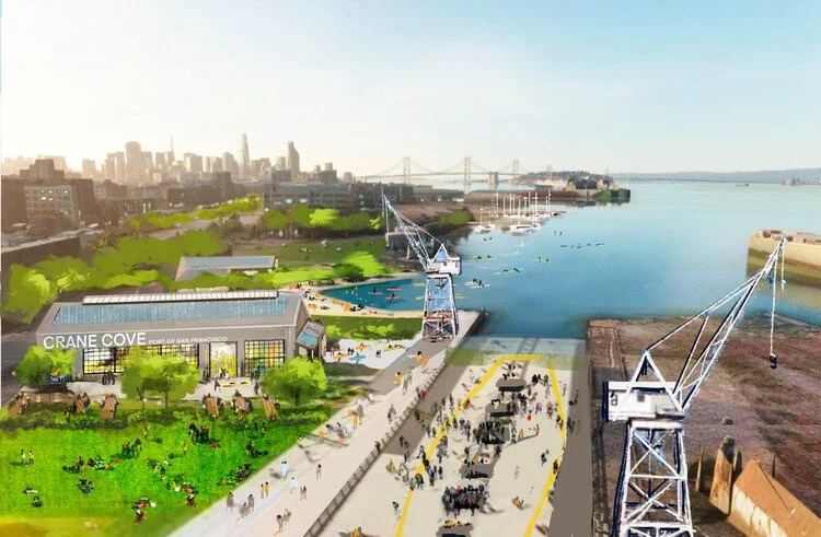 An aerial rendering of the proposed centre and cove, with the city skyline and Bay Bridge beyond.