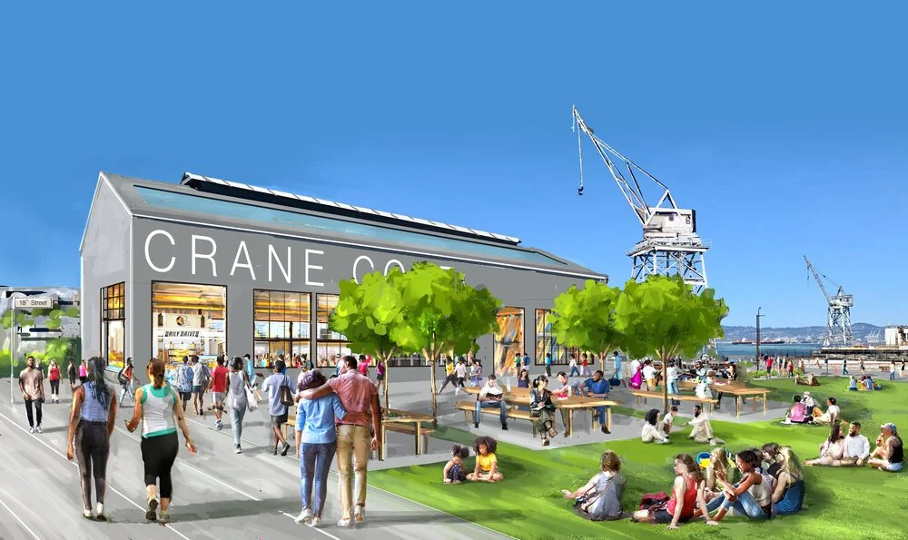 A rendering of the proposed centre from the lawn, people sitting outside its Crane Co frontage.