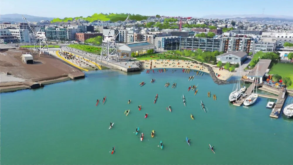 An aerial rendering of the proposed waterfront centre, with swimmers out in the cove.