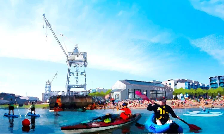 An architectural rendering of the proposed aquatics centre, with kayakers and swimmers in the water in front of it.