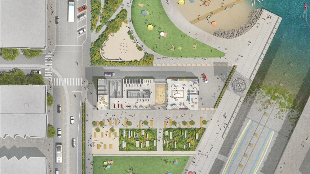 A site plan of the park showing the buildings, lawn, beach and roadway.