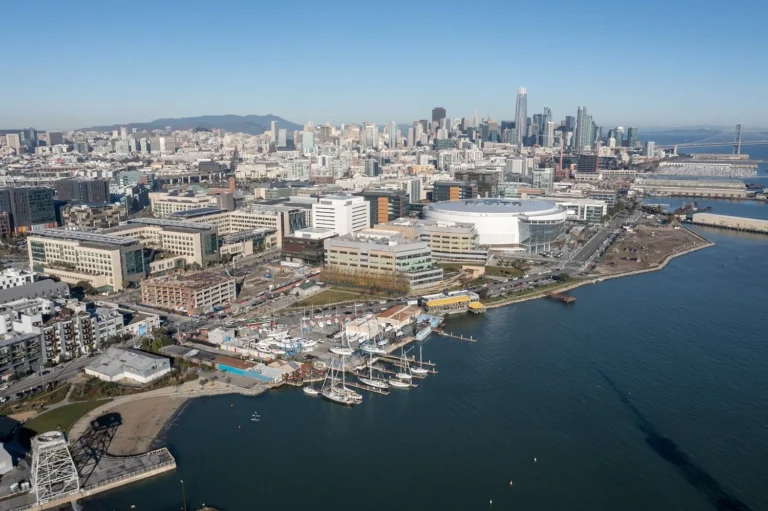 An aerial view of the San Francisco waterfront and skyline.