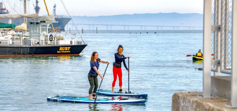 A paddleboarder on the water beside a moored boat.