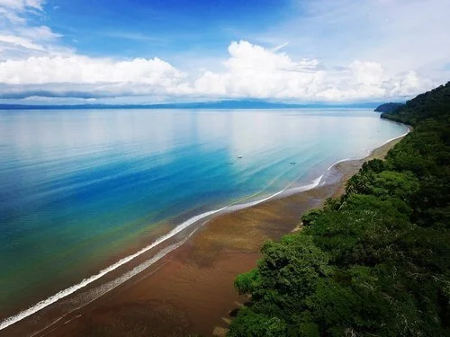 An aerial view along a curving tropical beach where jungle meets clear shallow water.