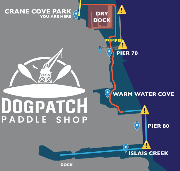The Dogpatch Paddle route map, zoomed to the stretch from Crane Cove Park past the dry dock and Pier 70 down to Islais Creek.